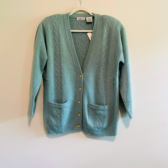 Talbots Sweaters - Talbots Lambswool Angora Cardigan Seafoam Green Cable Knit Padded Shoulder